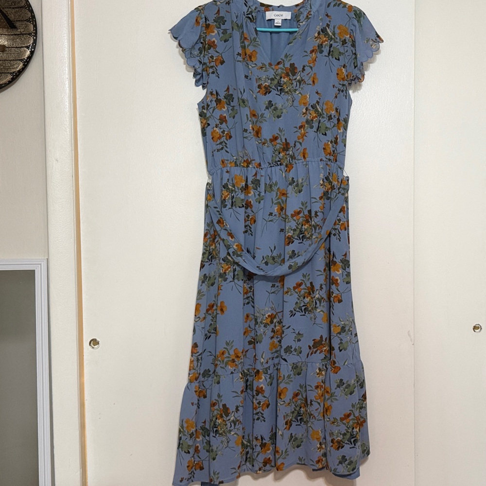 Floral Blue Dress with Belt